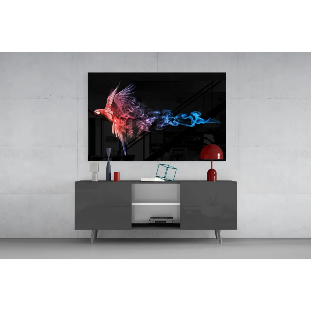 Vibrant fiery parrot in flight on glass wall art screen