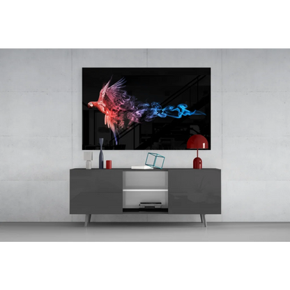 Vibrant fiery parrot in flight on glass wall art screen