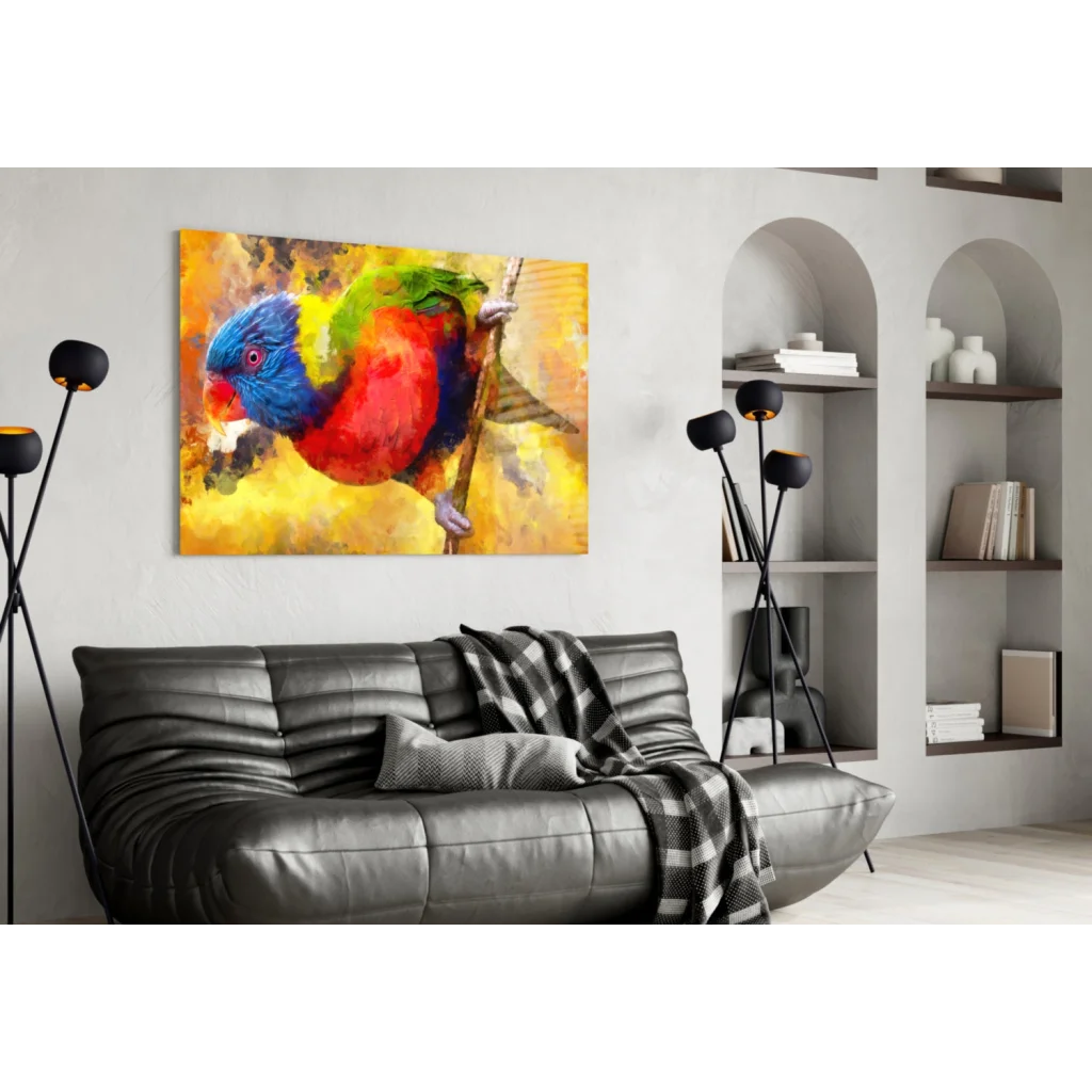Vibrant glass wall art of colorful parrot in watercolor on branch