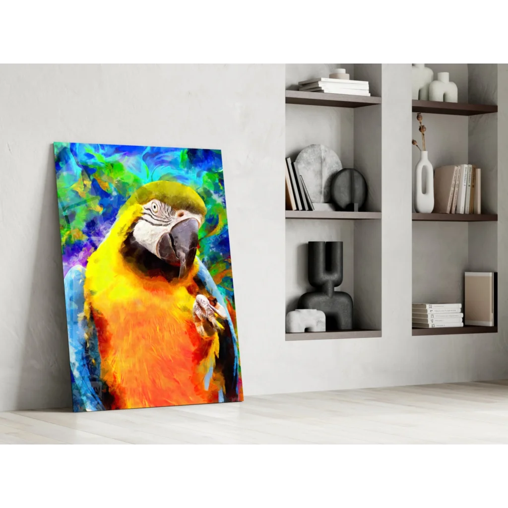Vibrant yellow and blue macaw glass wall art on canvas