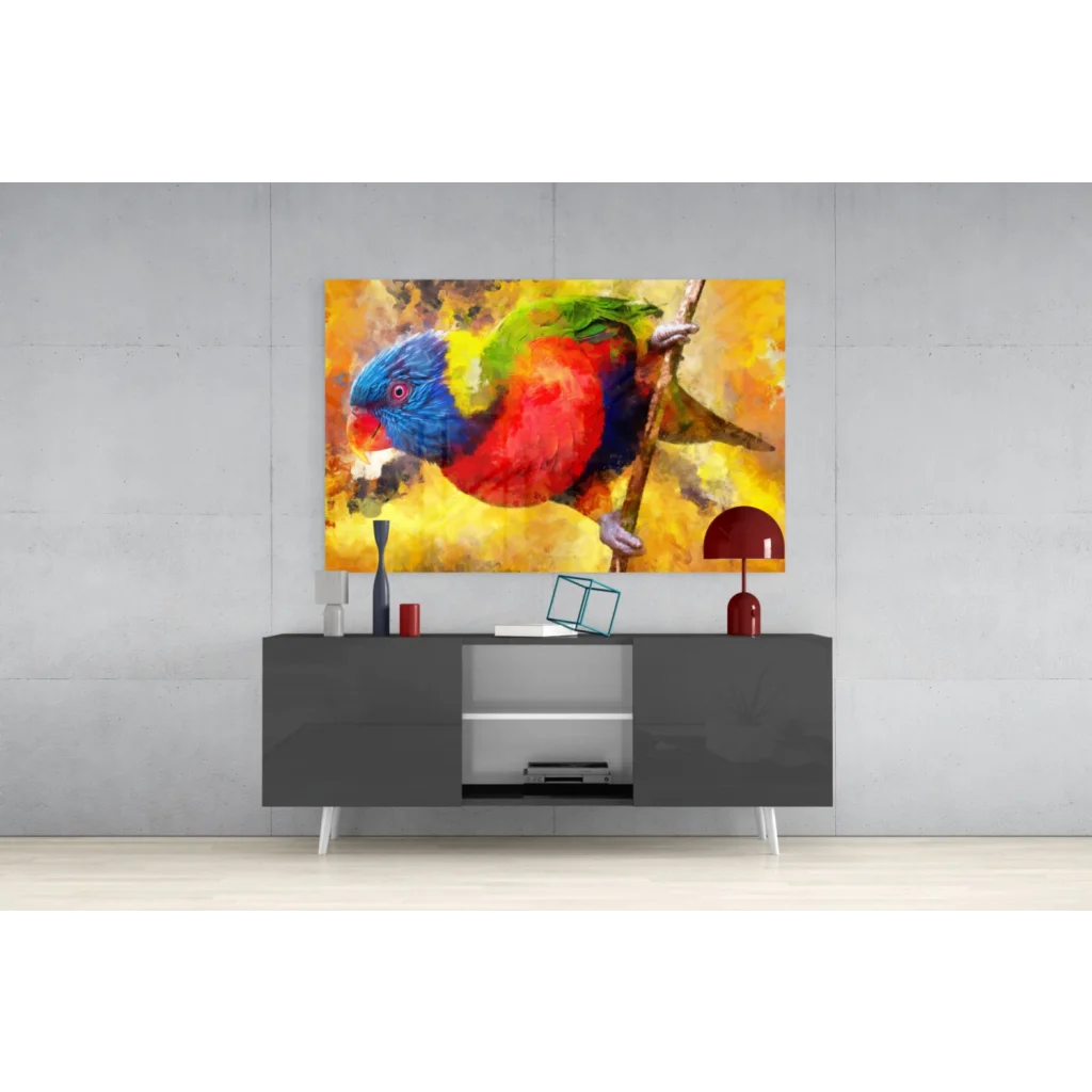 Vibrant rainbow lorikeet glass wall art print on golden background