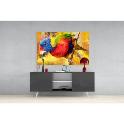 Vibrant rainbow lorikeet glass wall art print on golden background