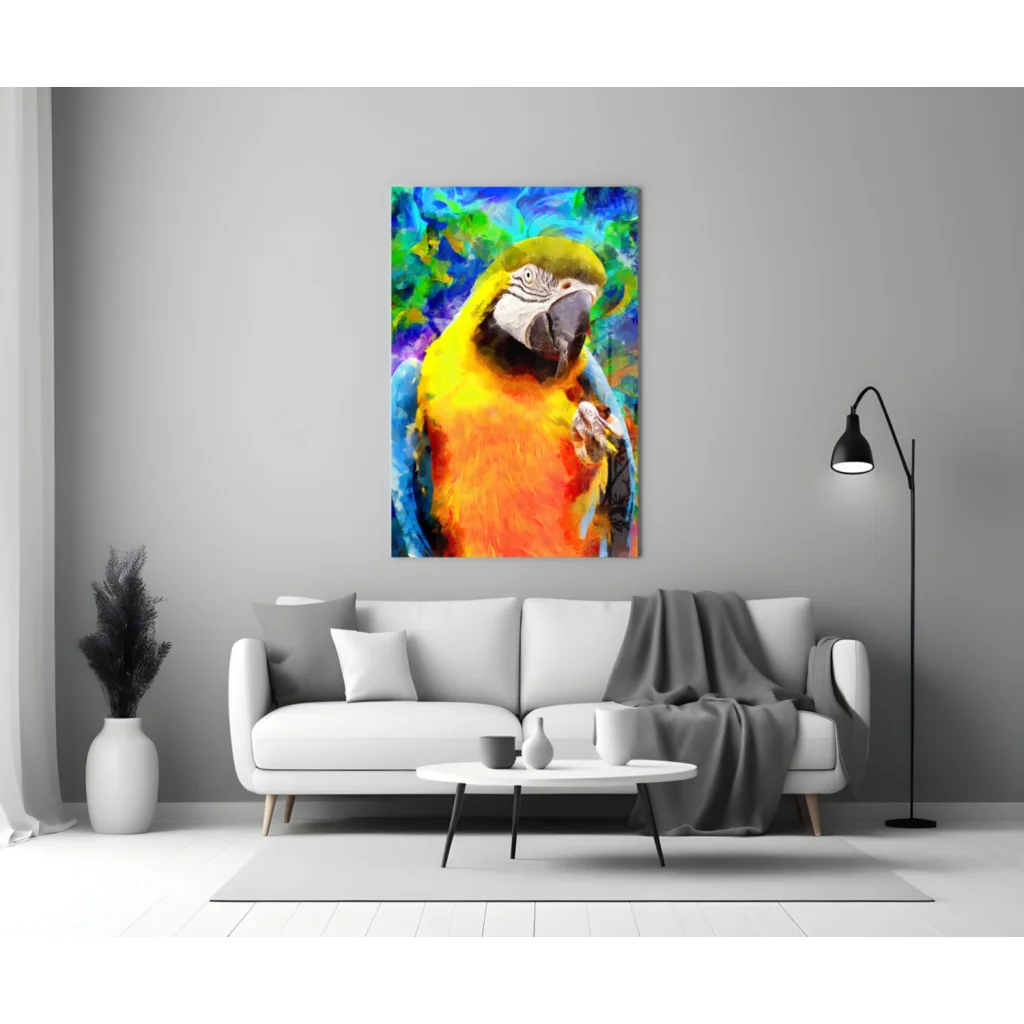Vibrant macaw glass wall art in bold yellow orange tropical colors