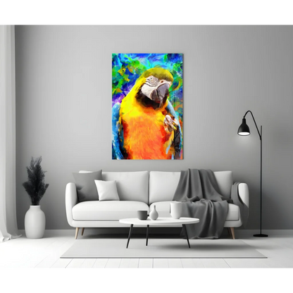 Vibrant macaw glass wall art in bold yellow orange tropical colors
