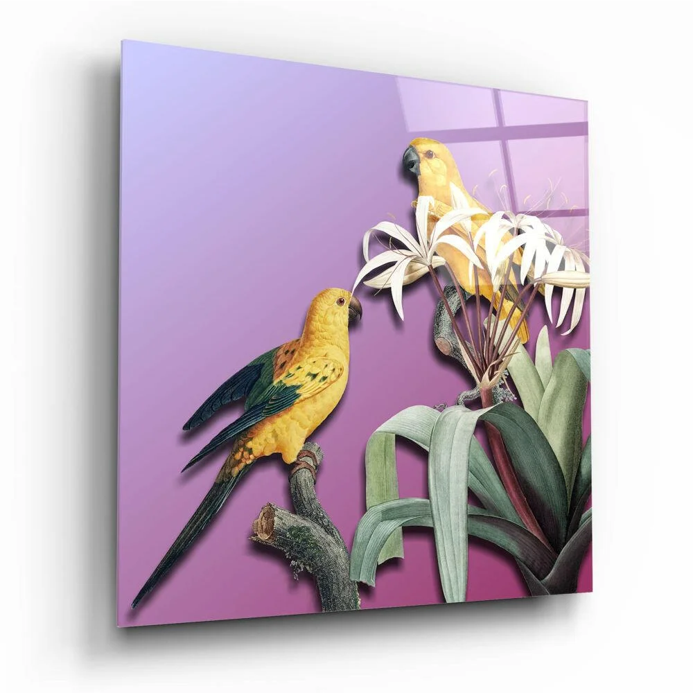Vibrant yellow parrots on green wings in tropical glass wall art with purple background
