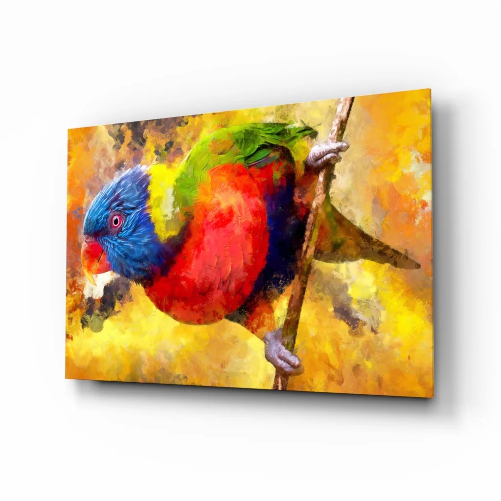 Vibrant watercolor rainbow lorikeet on glass wall art print