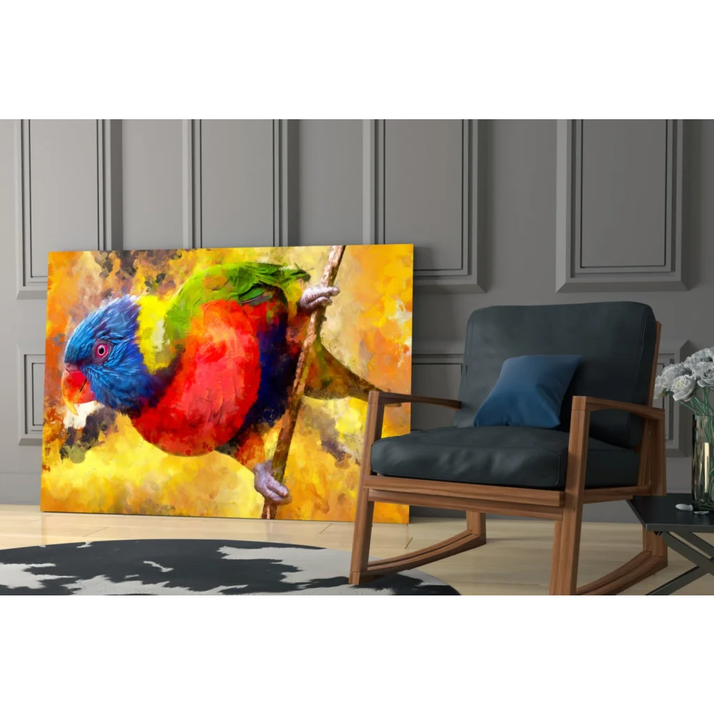 Vibrant watercolor rainbow lorikeet on glass wall art print