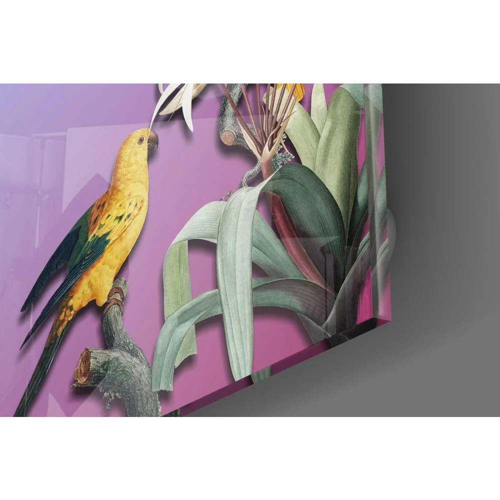 Vibrant yellow green parrot on branch in tropical glass wall art with purple background