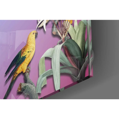 Vibrant yellow green parrot on branch in tropical glass wall art with purple background