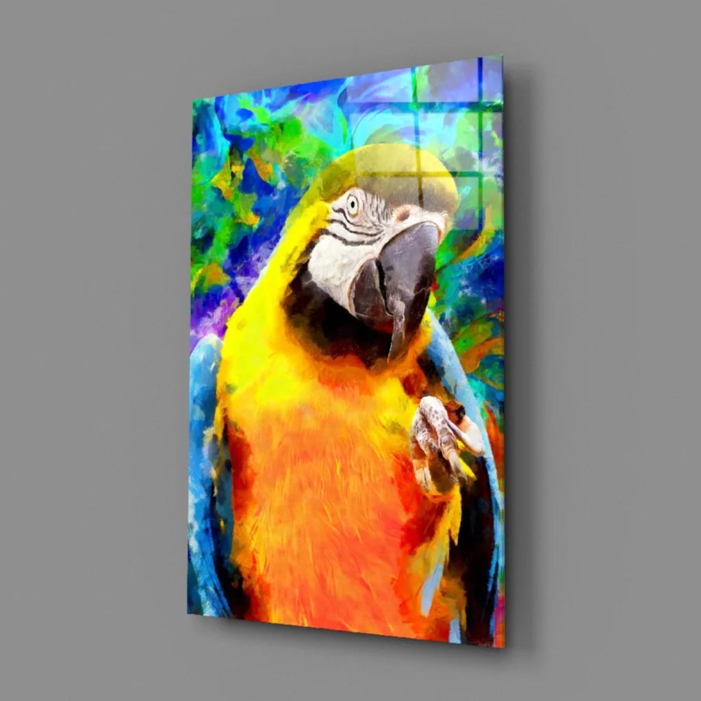 Vibrant yellow and blue macaw glass wall art on glossy acrylic panel