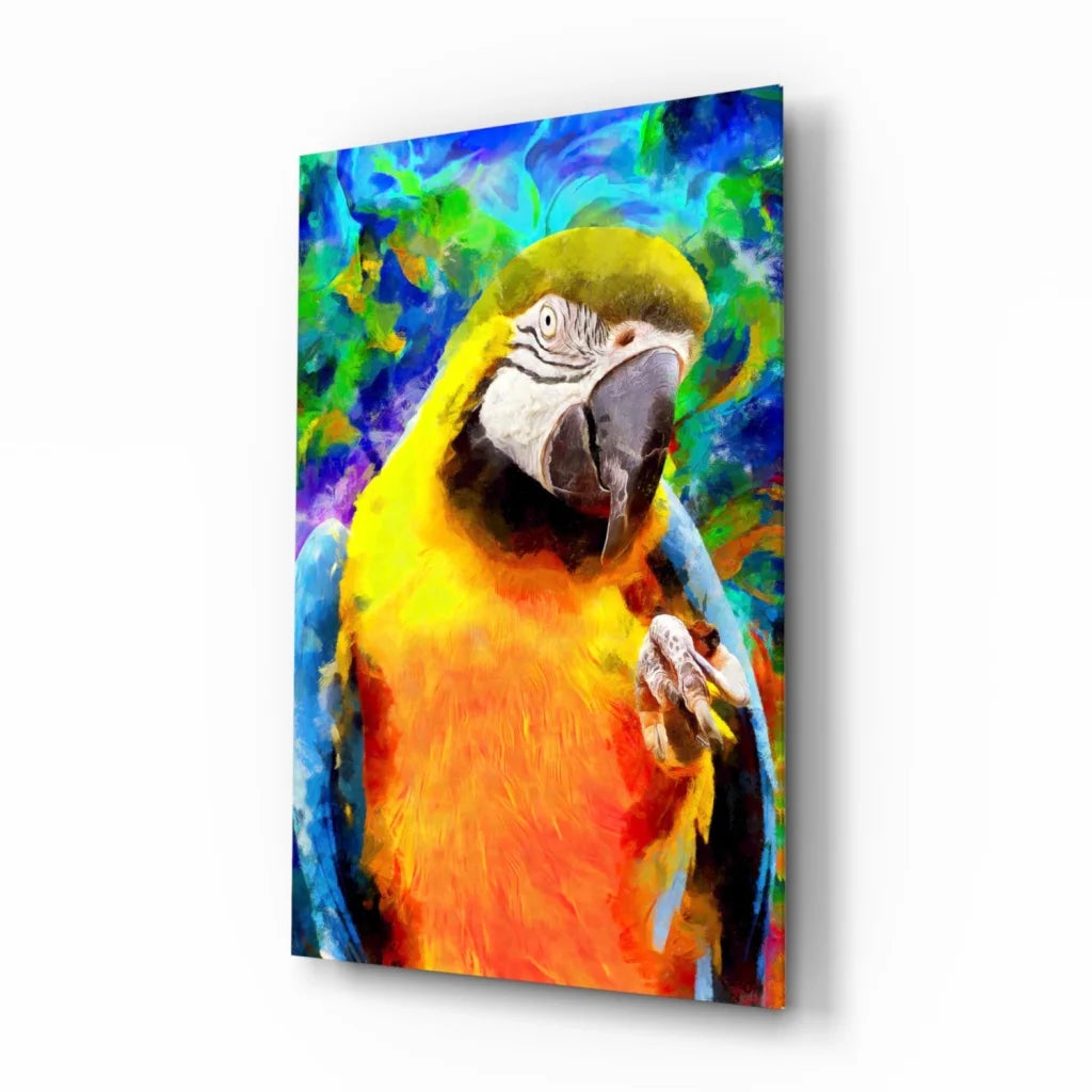 Vibrant blue-yellow macaw glass wall art with bold tropical colors