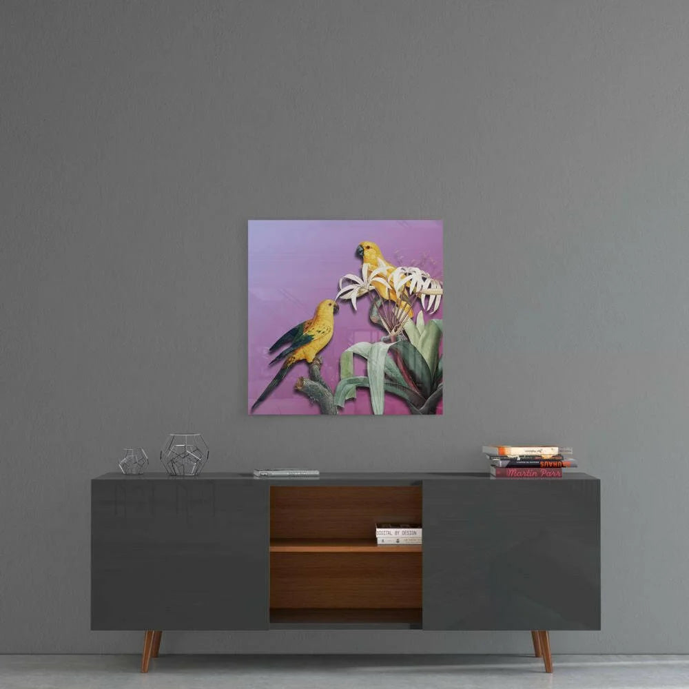 Vibrant yellow parrots on white flowers in purple glass wall art