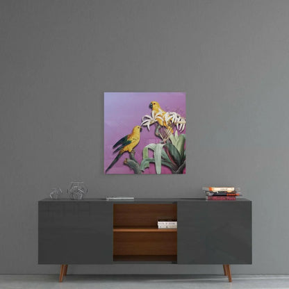Vibrant yellow parrots on white flowers in purple glass wall art