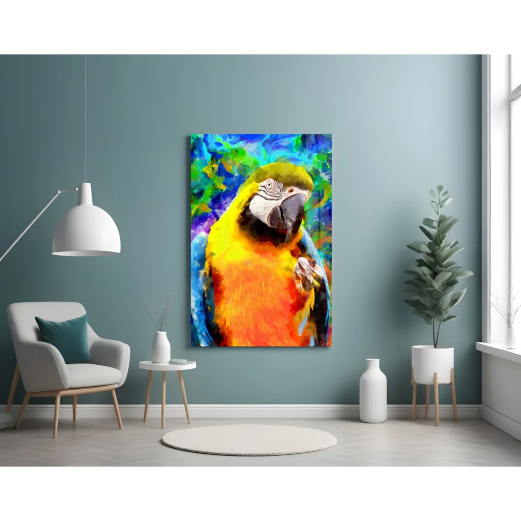 Vibrant yellow orange macaw glass wall art with bold tropical colors