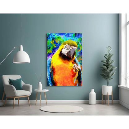 Vibrant yellow orange macaw glass wall art on blue green background