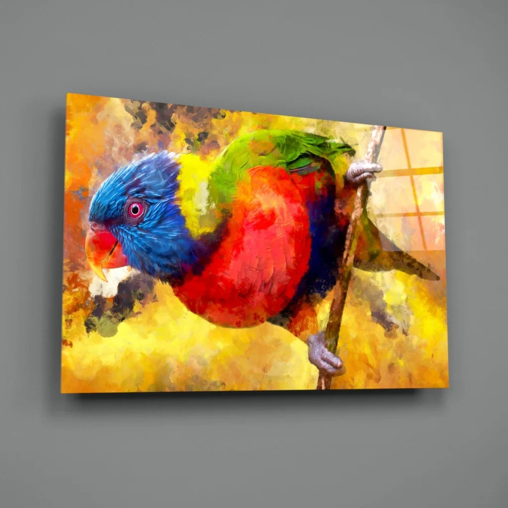 Vibrant rainbow lorikeet glass wall art print on canvas