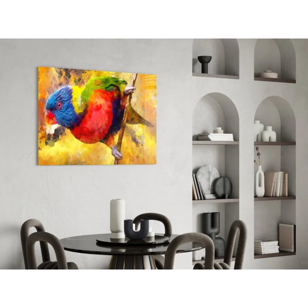 Vibrant watercolor rainbow lorikeet on glass wall art print