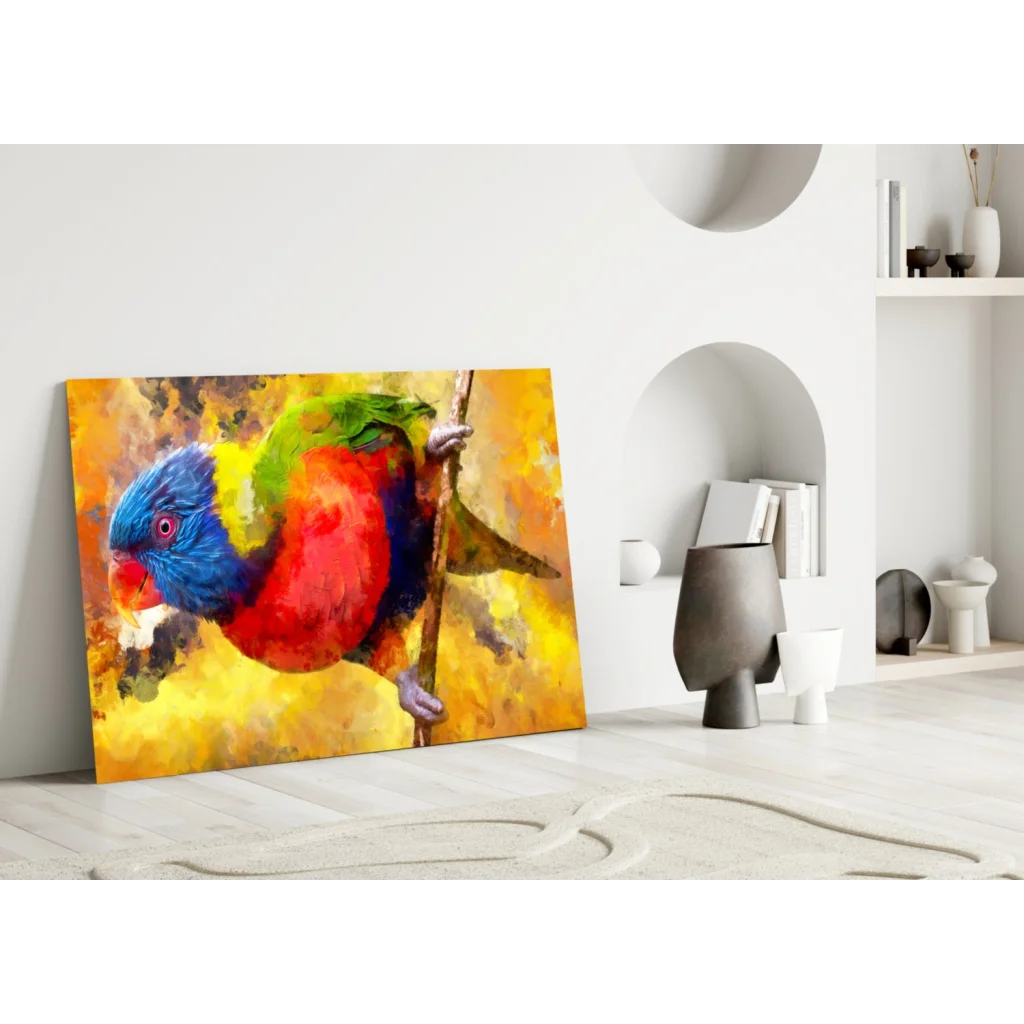 Vibrant watercolor rainbow lorikeet on glass wall art print