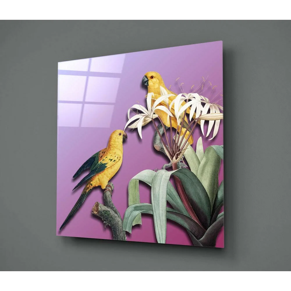 Vibrant yellow parrots on green wings in tropical glass wall art with purple background
