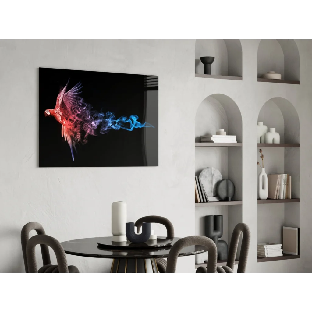Fiery Parrot vibrant artwork with iridescent red pink blue feathers on glossy black glass wall