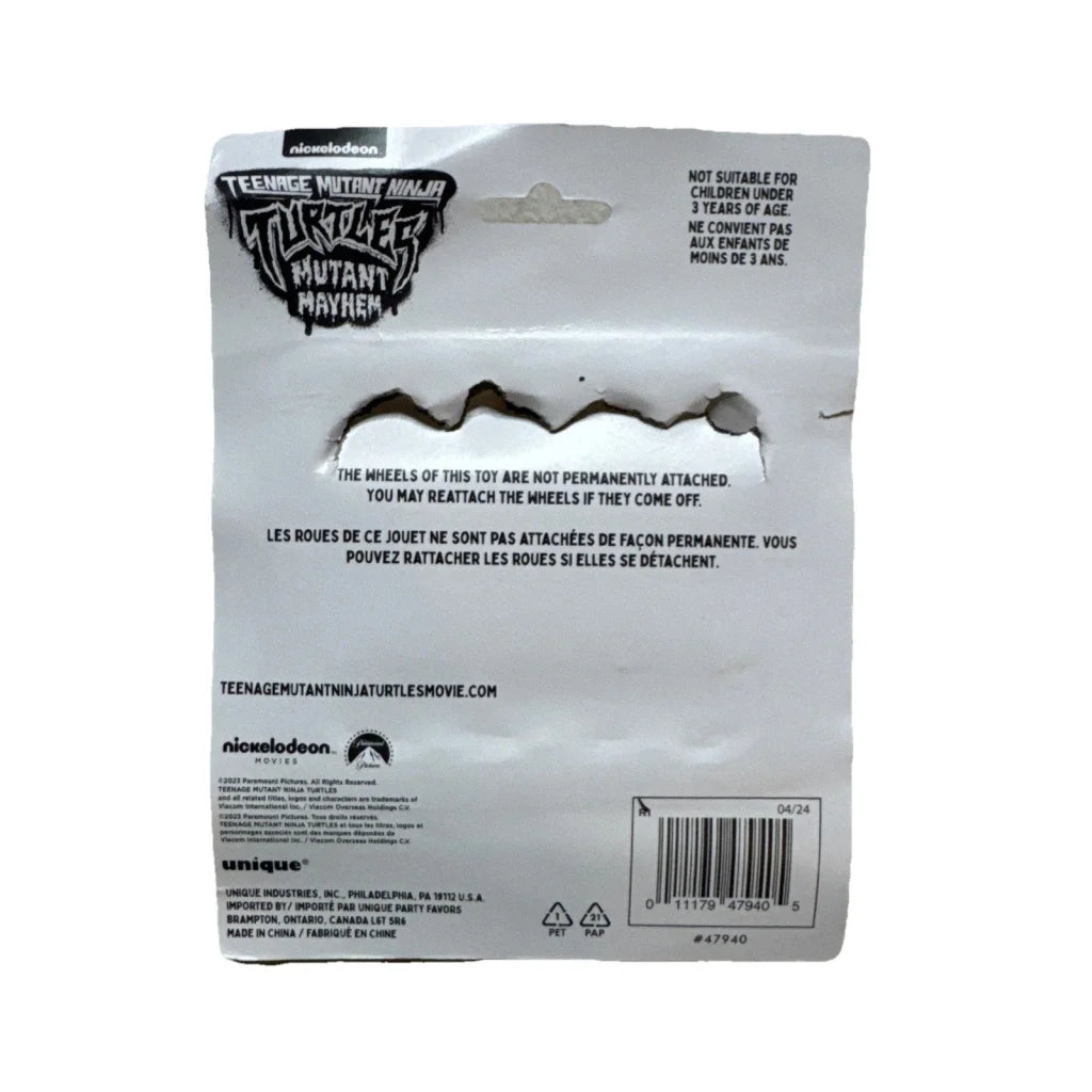 White TMNT Mutant Mayhem party favors toy packaging