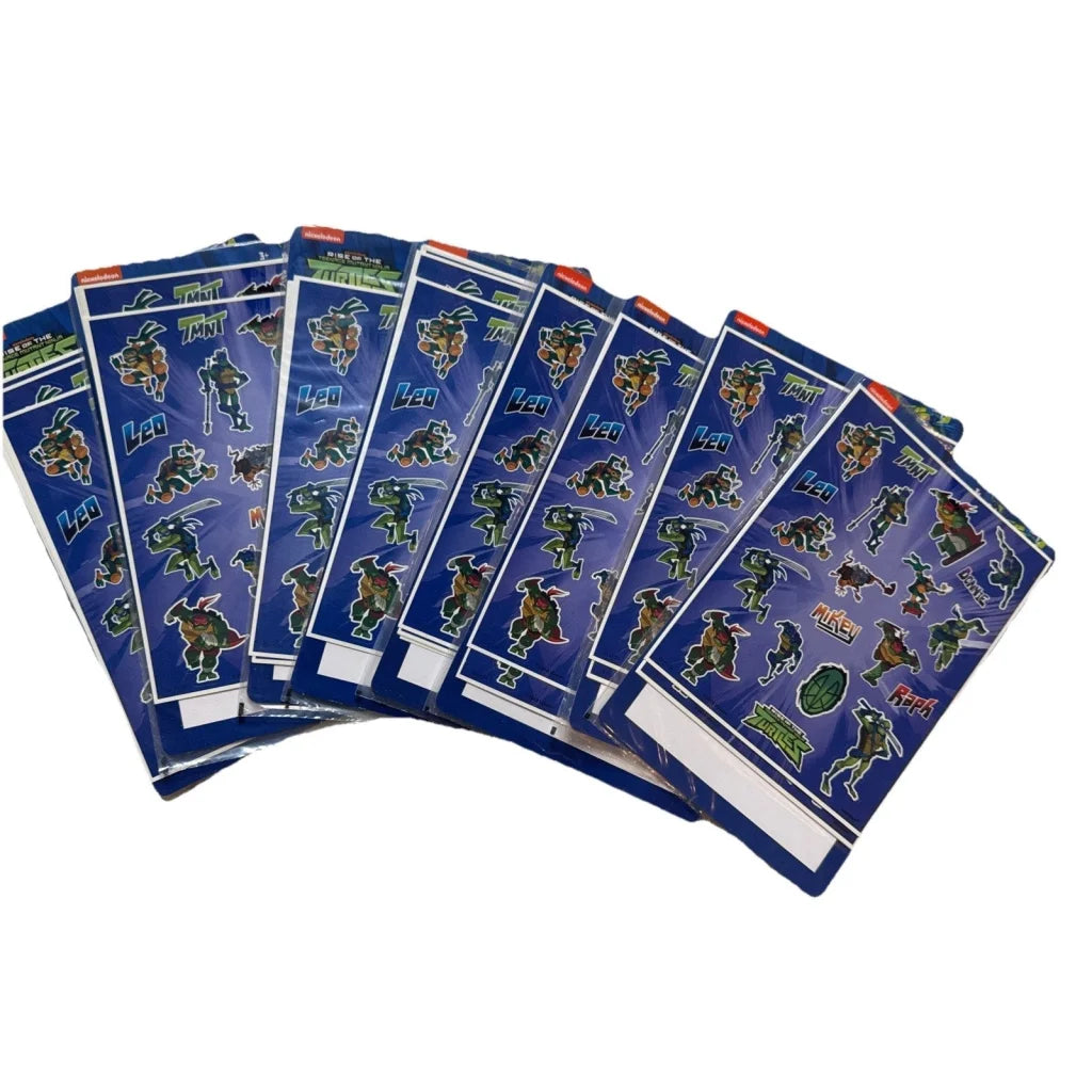 Blue TMNT party favors sticker sheets with green orange turtles in action poses
