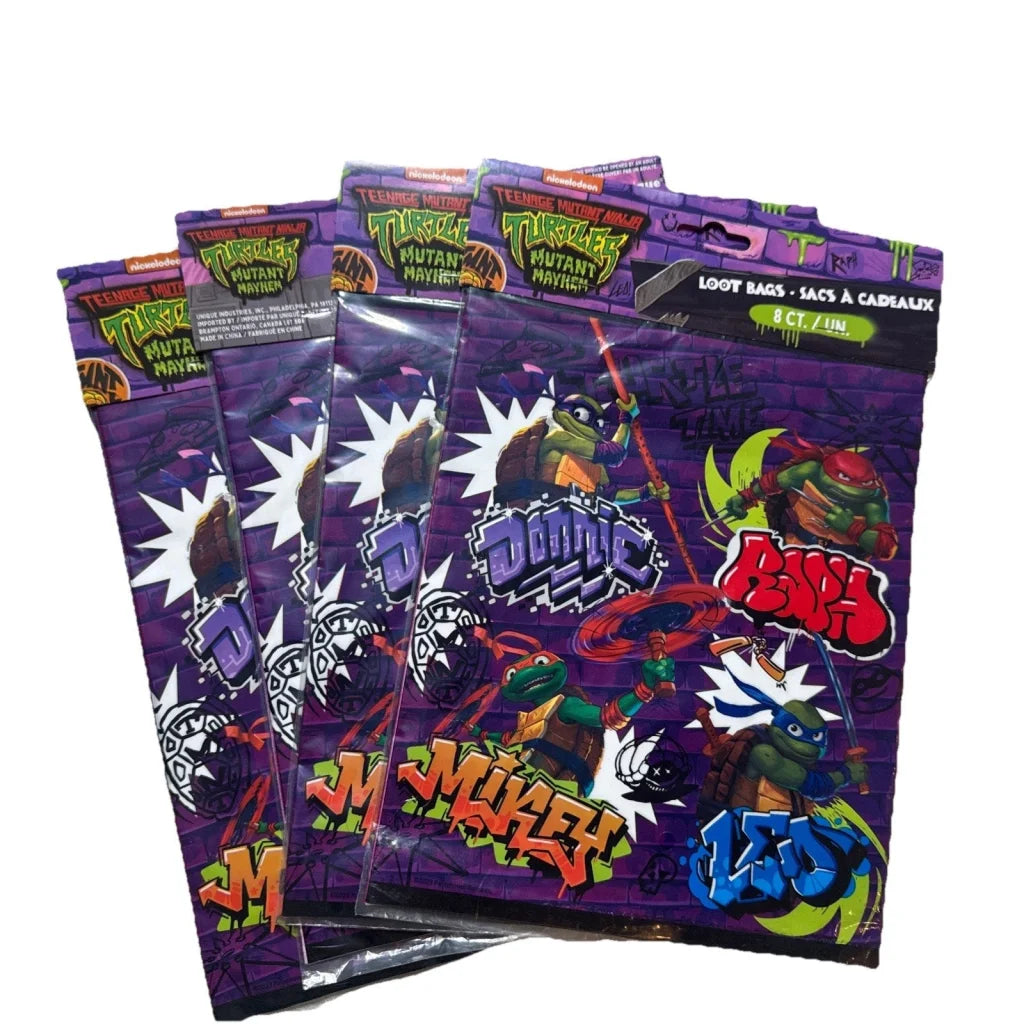 Purple TMNT party favors loot bags with graffiti artwork