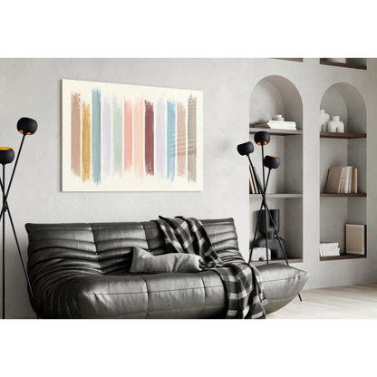 Modern leather sofa with checkered throw and pastel brushstroke wall art