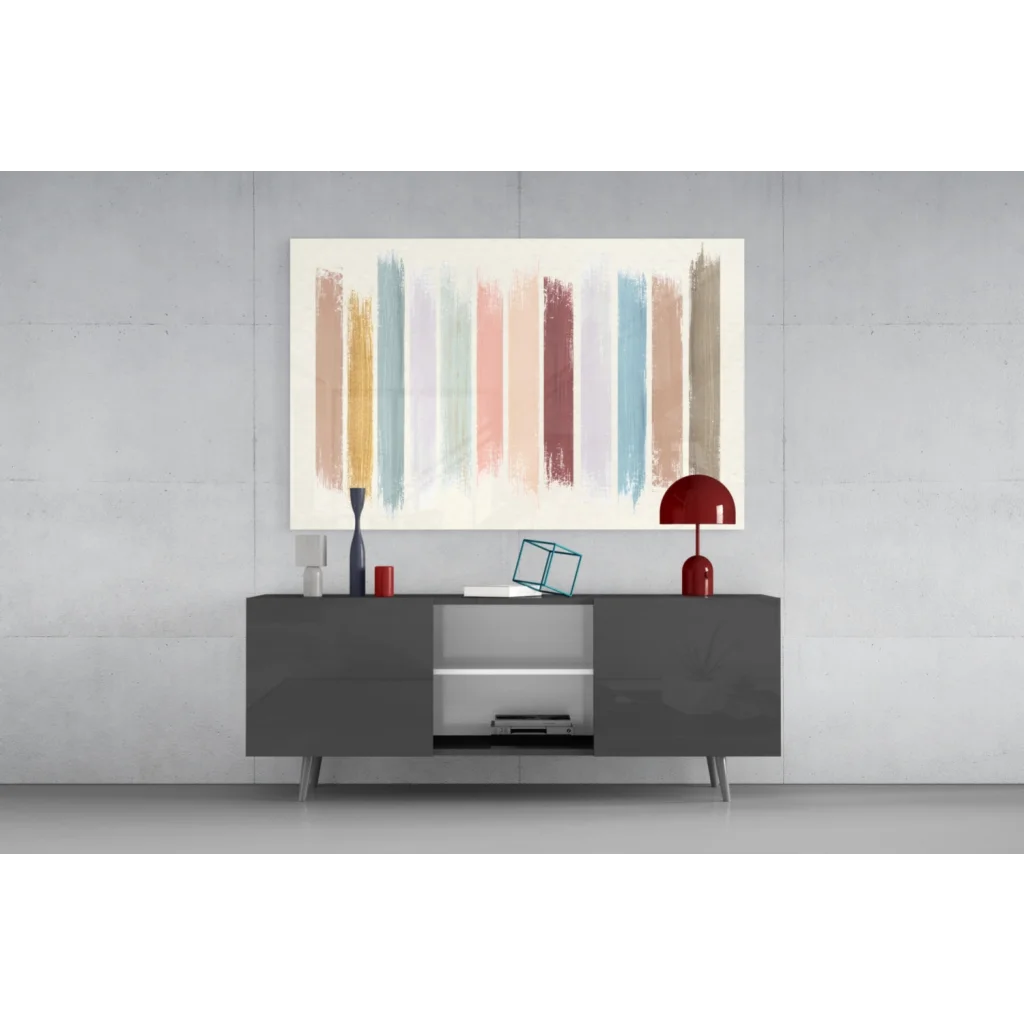 Modern gray tv stand under pastel brushstroke wall art print