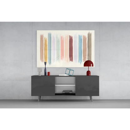 Modern gray tv stand under pastel brushstroke wall art print