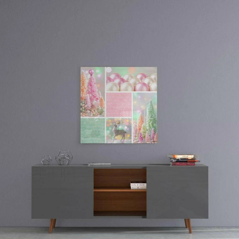 Pastel Christmas deer glass wall art with frosted pink green trees