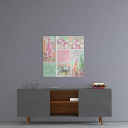 Pastel Christmas deer glass wall art with frosted pink green trees