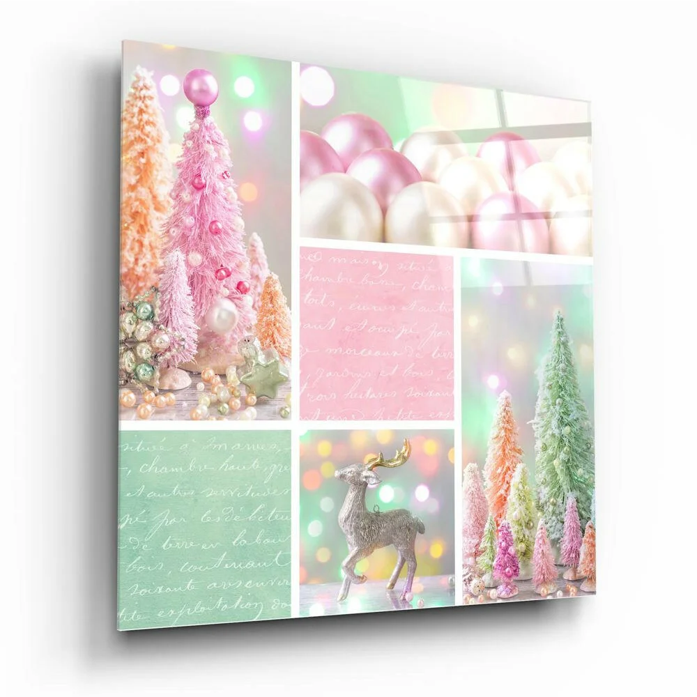 Pastel Christmas deer glass wall art with frosted trees collage