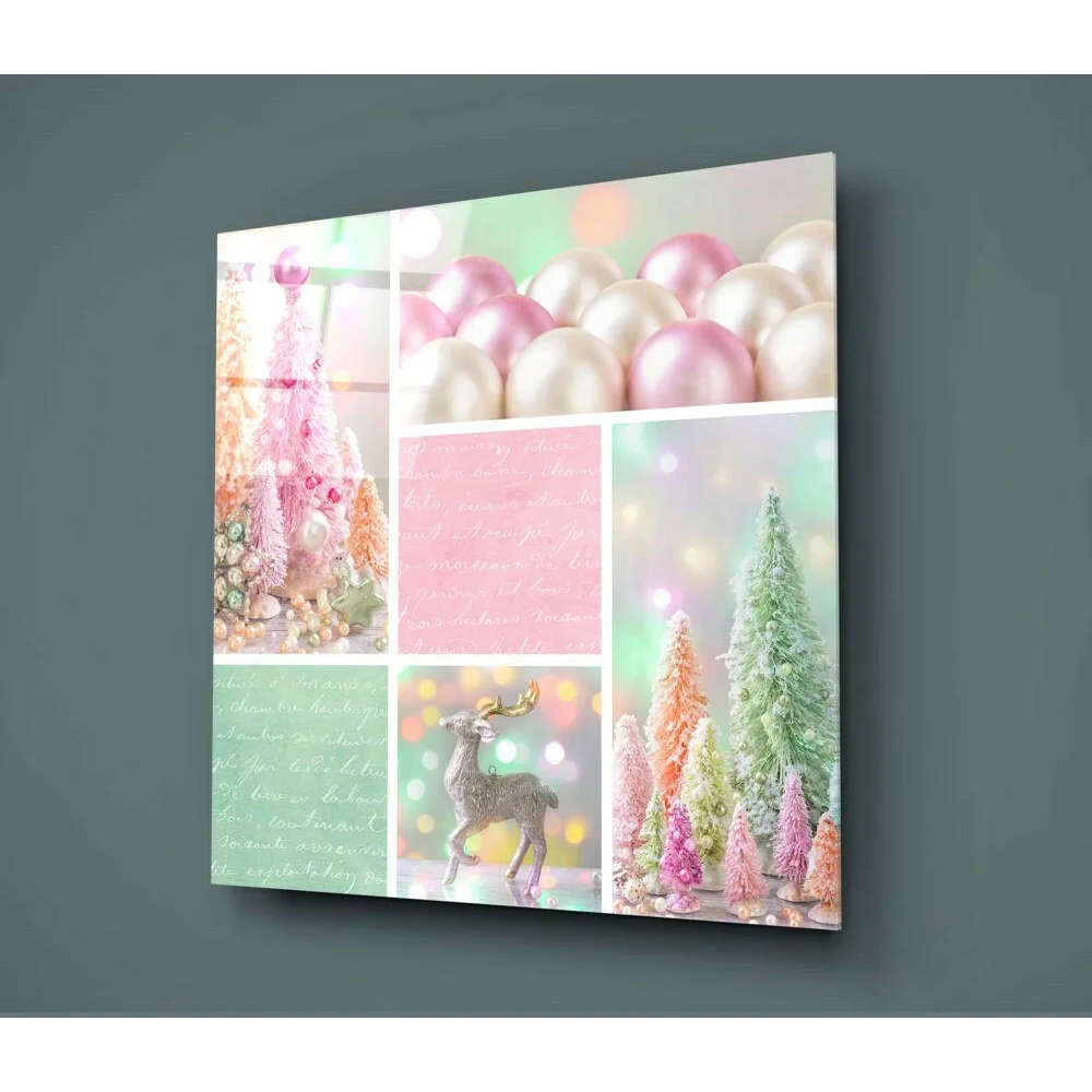 Pastel Christmas deer glass wall art with frosted trees collage