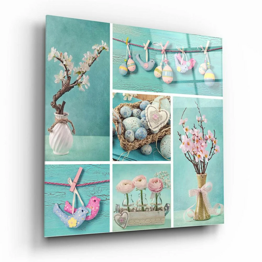 Pastel Easter floral canvas wall art with vases, eggs and soft flowers