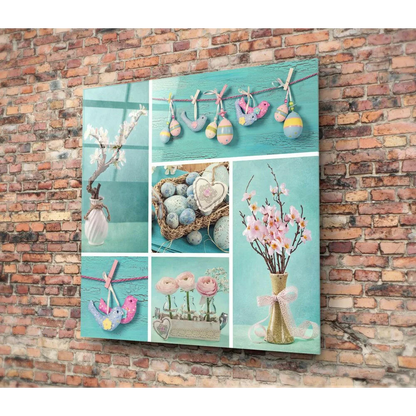 Mint green pastel Easter floral canvas wall art with vases and eggs