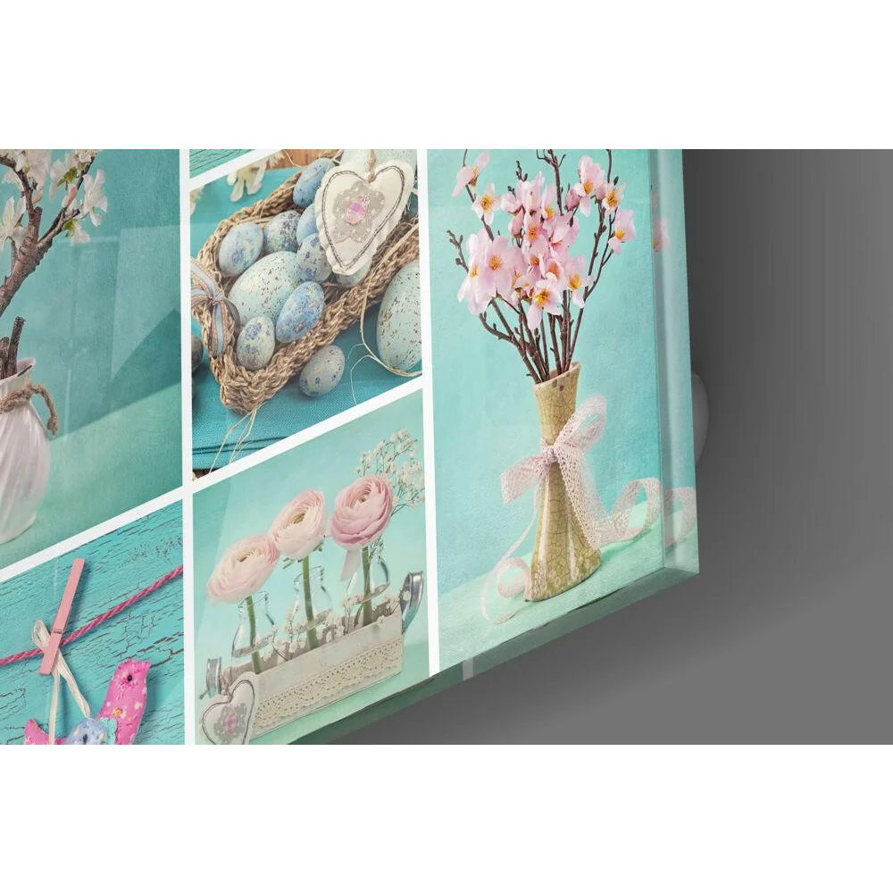 Pastel Easter floral canvas wall art with pink flowers, vases, eggs, and branches