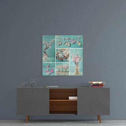 Teal pastel Easter floral wall art canvas with vases, eggs, and collage on gray sideboard