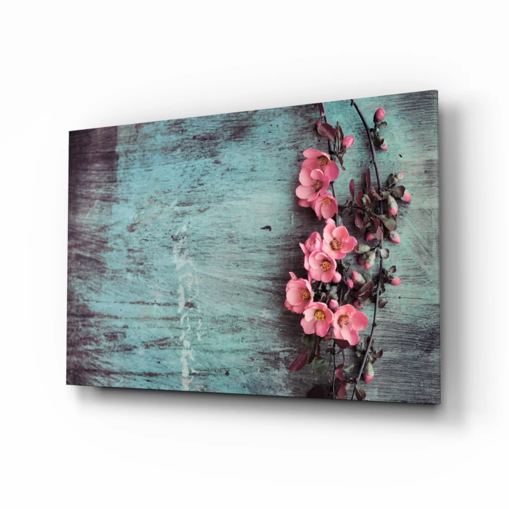 Vibrant pink blossoms on teal wood canvas wall art print