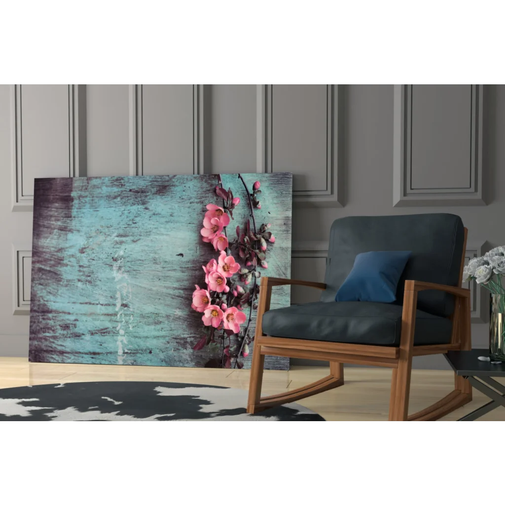 Vibrant pink blossoms on teal purple canvas wall art print