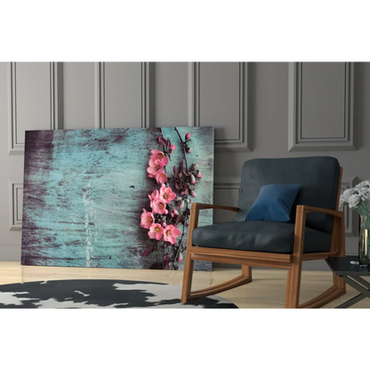 Vibrant pink blossoms on teal purple canvas wall art print