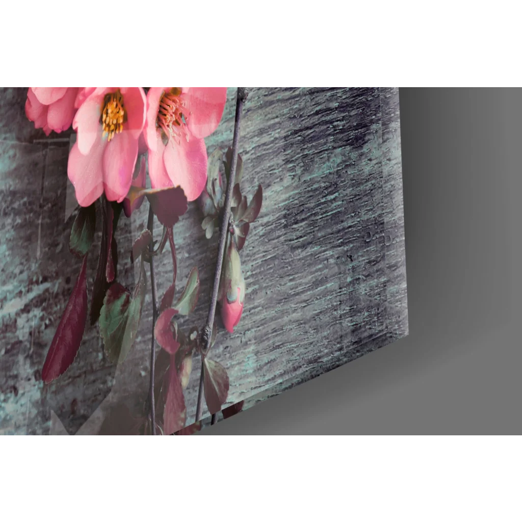 Vibrant pink blossoms wall art on teal wood canvas print