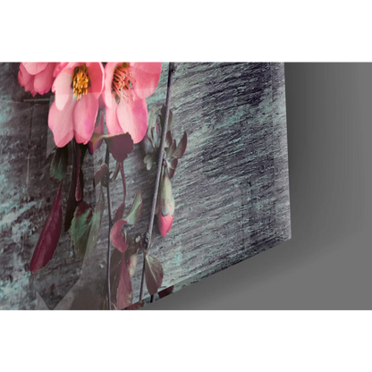 Vibrant pink blossoms wall art on teal wood canvas print