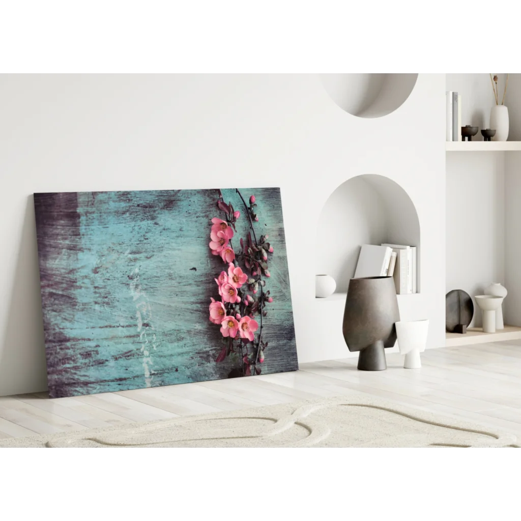 Pink blossoms teal wood canvas wall art print with vibrant flowers on distressed background