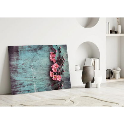 Pink blossoms teal wood canvas wall art print with vibrant flowers on distressed background