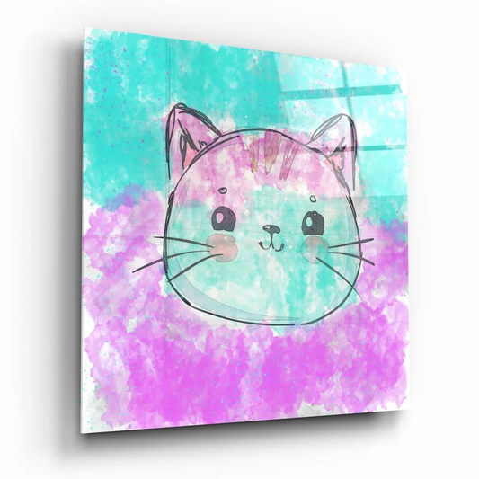 Pastel watercolor cat glass wall art print on canvas