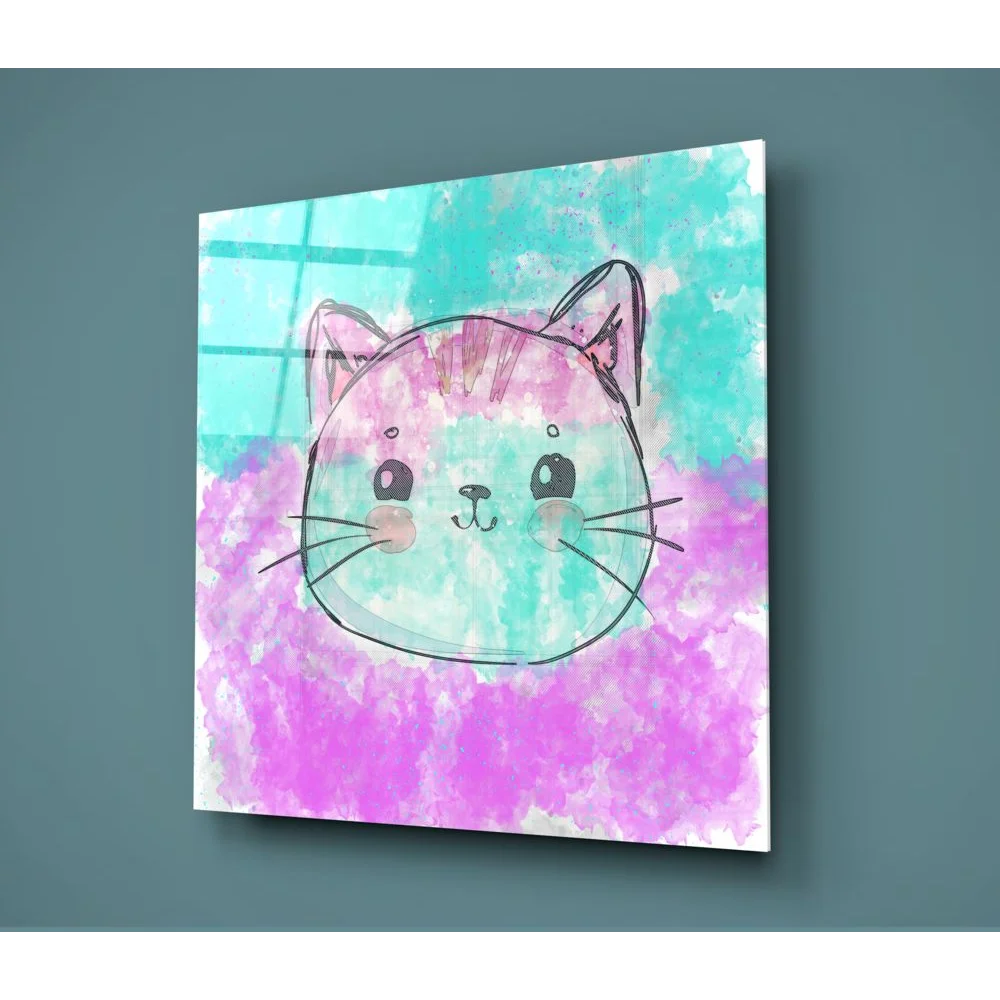 Pastel watercolor cat glass wall art print with cute cartoon face