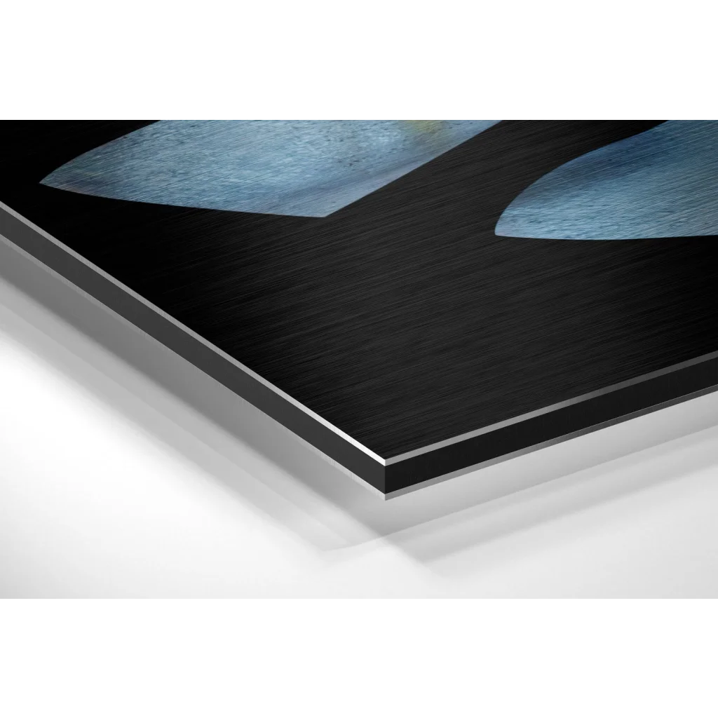 Black metal-framed blue abstract art on brushed aluminium dibond print