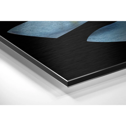 Black metal-framed blue abstract art on brushed aluminium dibond print
