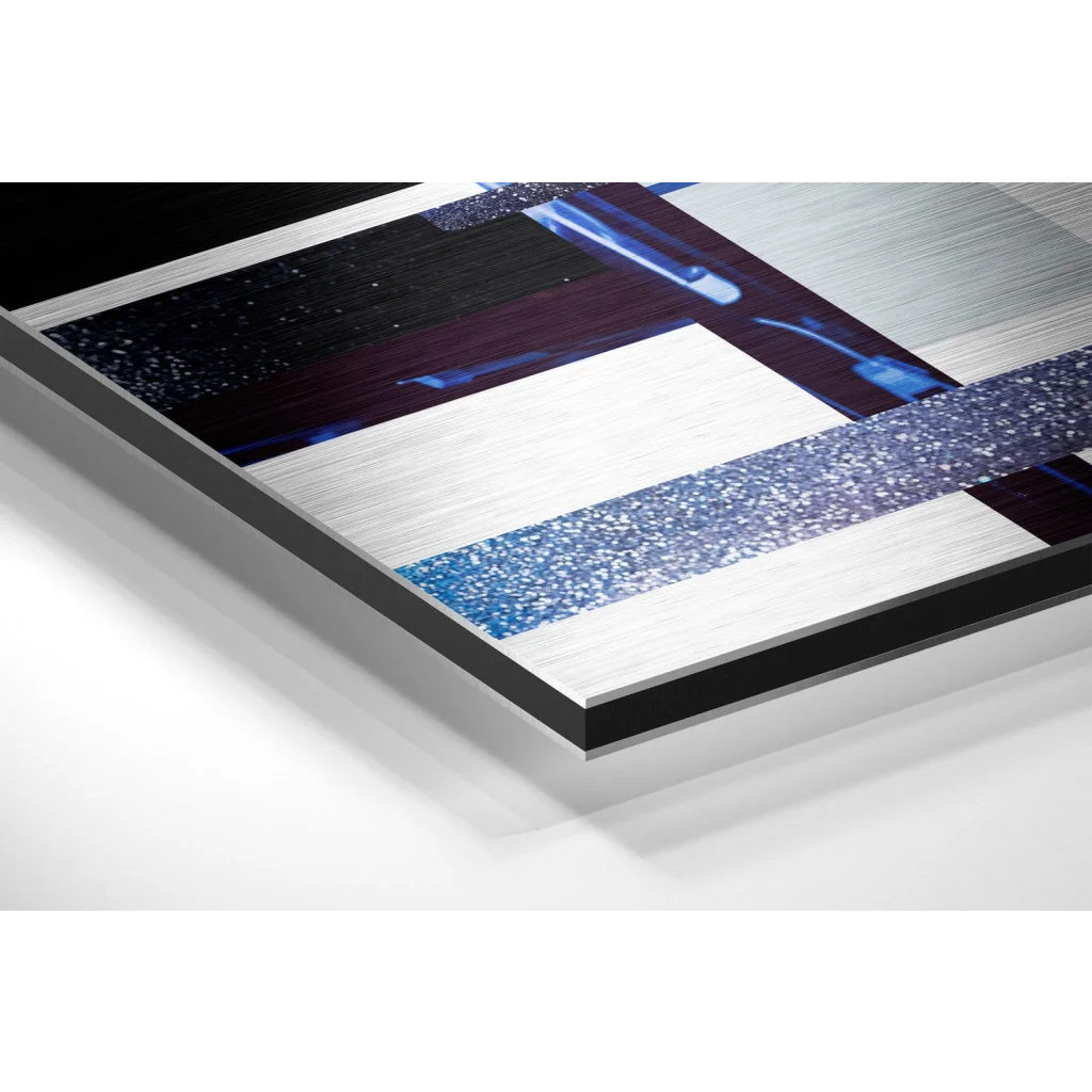 Stunning brushed aluminium dibond abstract art print in silver, blue glitter, black texture